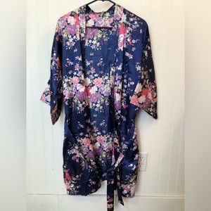 Silky Navy Blue Floral Kimono Robe